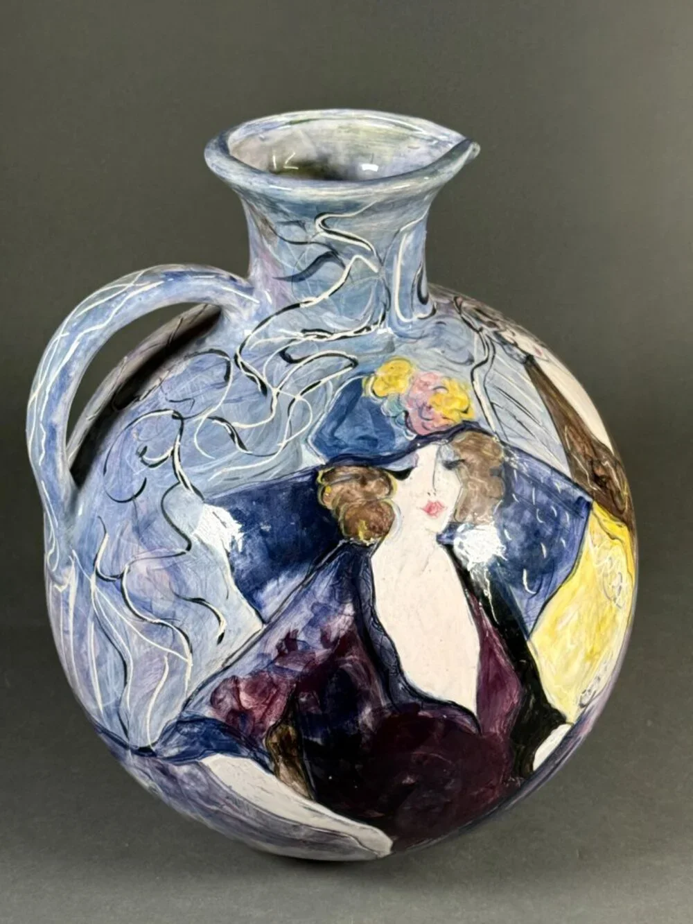 Marley Lipman Signed Art Pottery Large Pitcher Jug Edwardian Flapper Girls 15